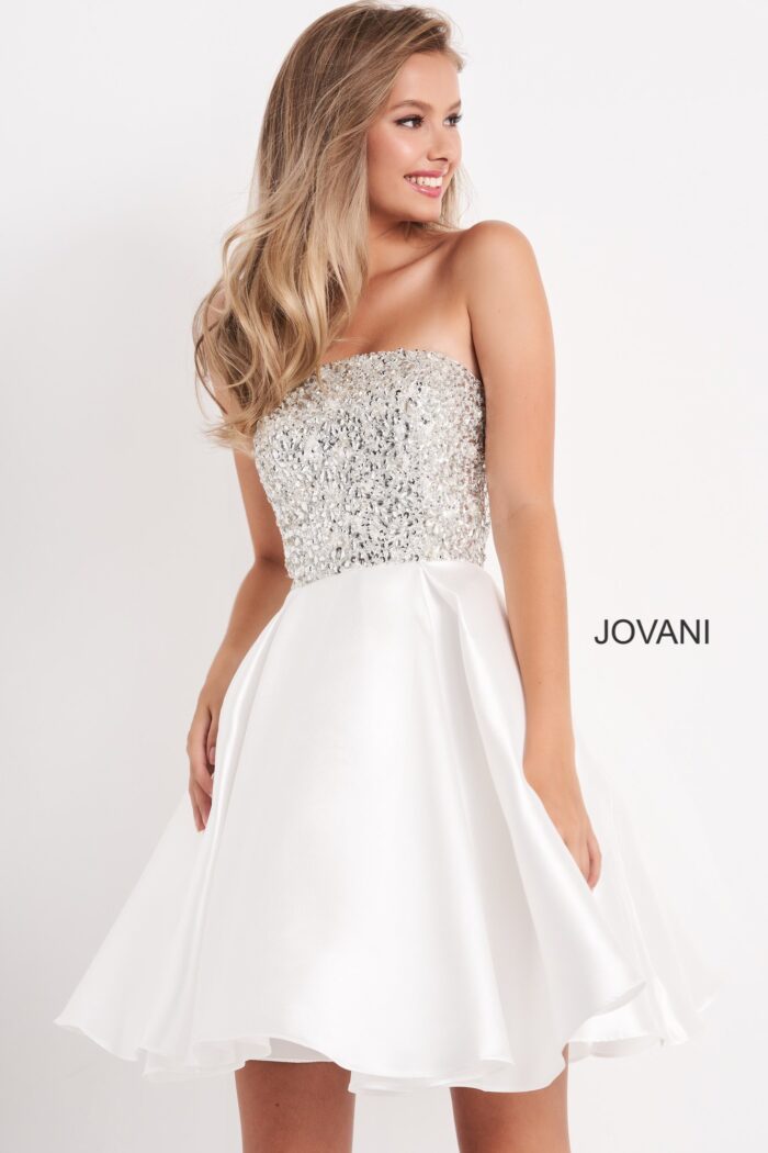 Model wearing Off White Fit and Flare Strapless Jovani Kids Dress K00722