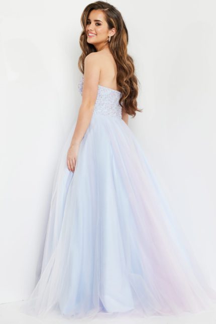 model wearing Jovani K02229 blue back view gown with elegant tulle skirt