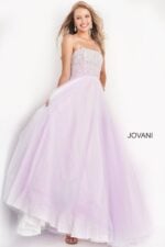 model wearing Jovani K02229 lilac front view gown with flowing skirt