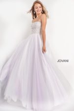 model wearing Jovani K02229 lilac front view gown with beaded bodice