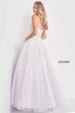 model wearing Jovani K02229 lilac back view gown elegant design