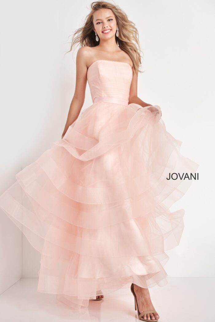 Model wearing Strapless Straight Neck Long Jovani Girls Dress K02442