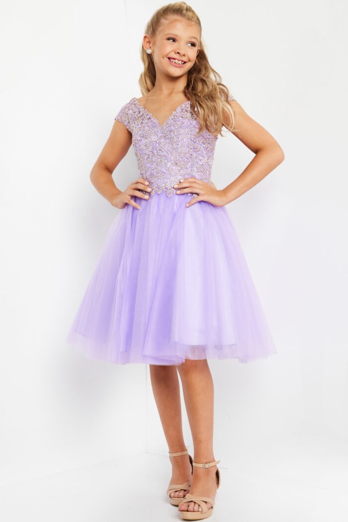 Model wearing Jovani K04711 Lilac V Neck Fit and Flare Kids Dress