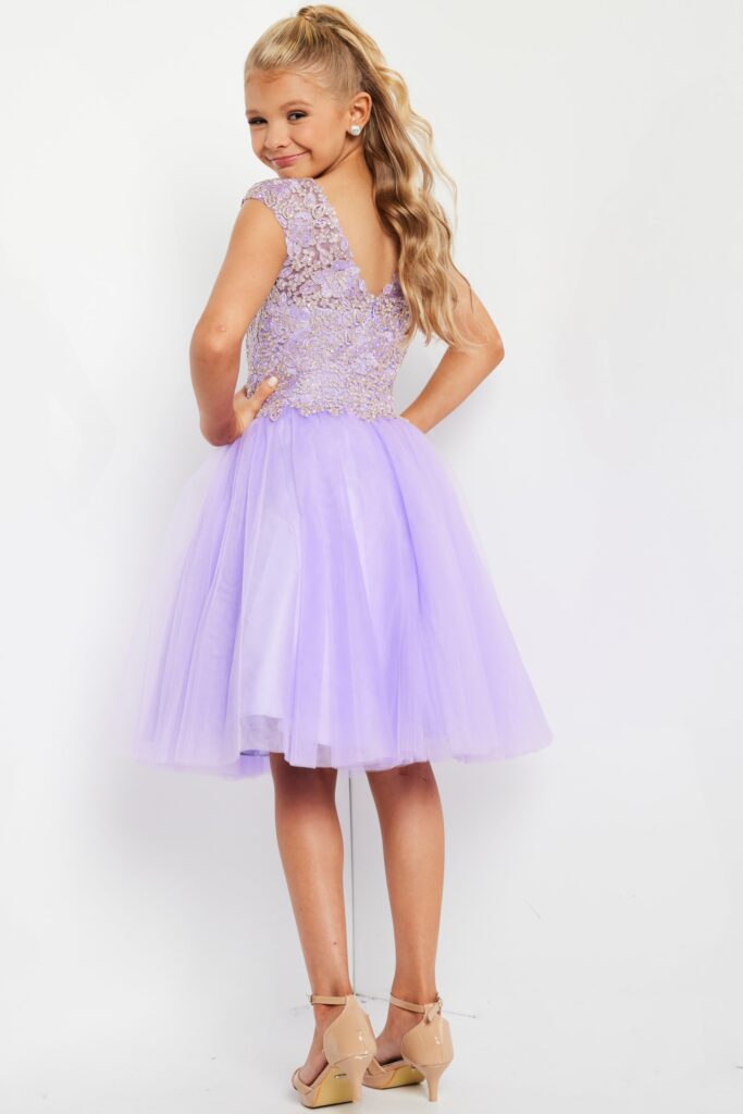 Jovani K04711 Lilac V Neck Fit and Flare Kids Dress