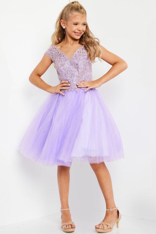 Model wearing Jovani K04711 Lilac V Neck Fit and Flare Kids Dress