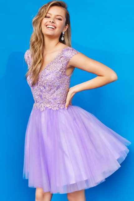 model wearing K04711 at the back showing lilac dress details