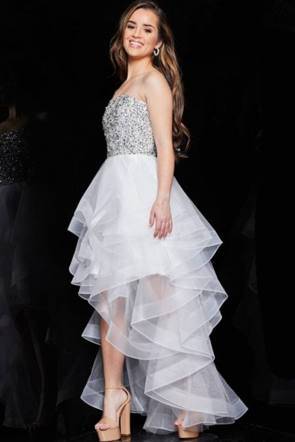 Model wearing Jovani K05916, a white high-low dress with a sequin bodice, main front view.