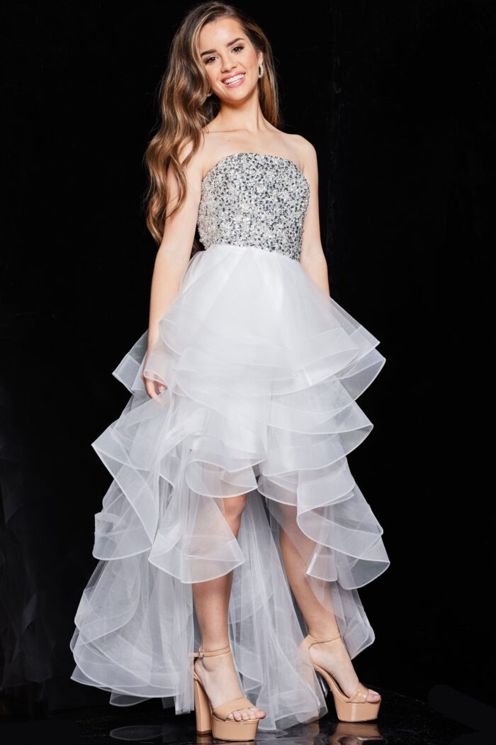 Model wearing Beaded Bodice High Low Dress K05916