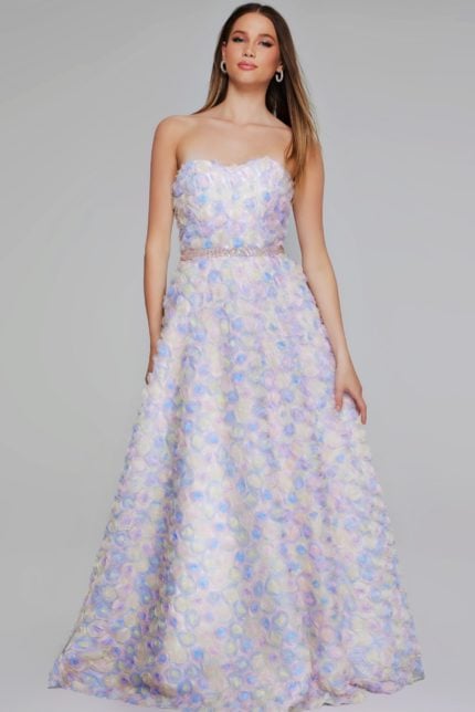 Model wearing K05939 multi-colored gown with floral appliqués, front view