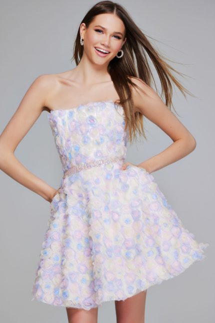 Model wearing K05940 multi-color pastel dress, full front view