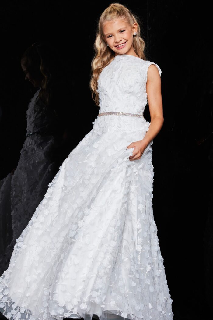Model wearing Jovani K07245 White Floral Embellished A Line Dress