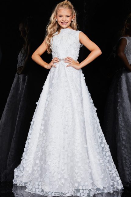 Model wearing Jovani K07245 ivory floor-length A-line gown with floral applique and a high neckline.