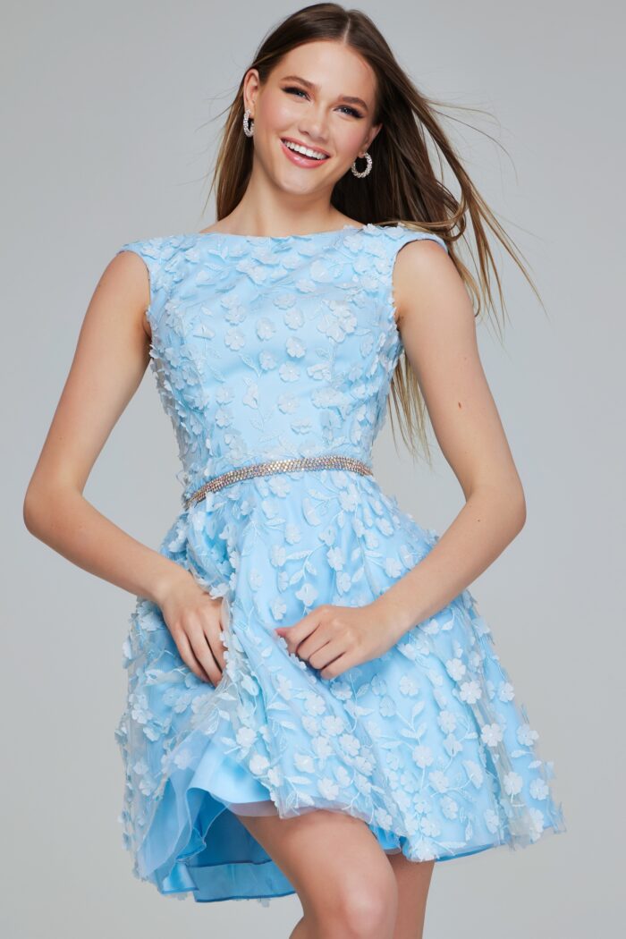 Model wearing Short Fit and Flare Blue Beaded Dress K07246