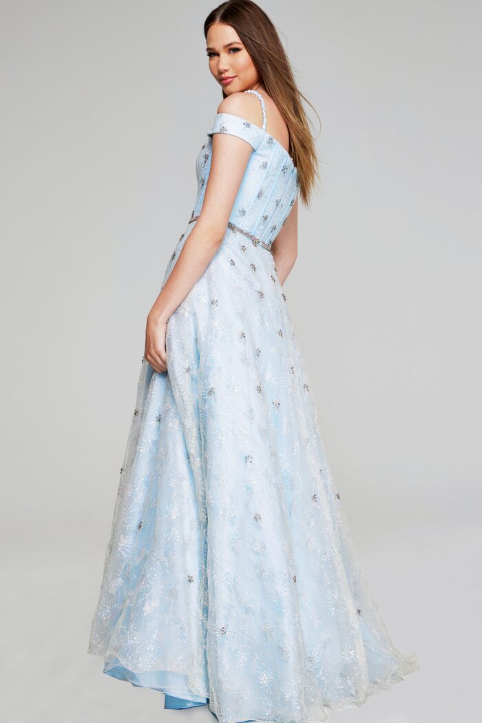 Model wearing Enchanting Light Blue Off-Shoulder Gown K07282