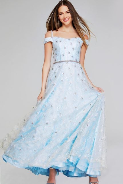 Model wearing Jovani K07282 light blue dress with off-the-shoulder neckline, front view.