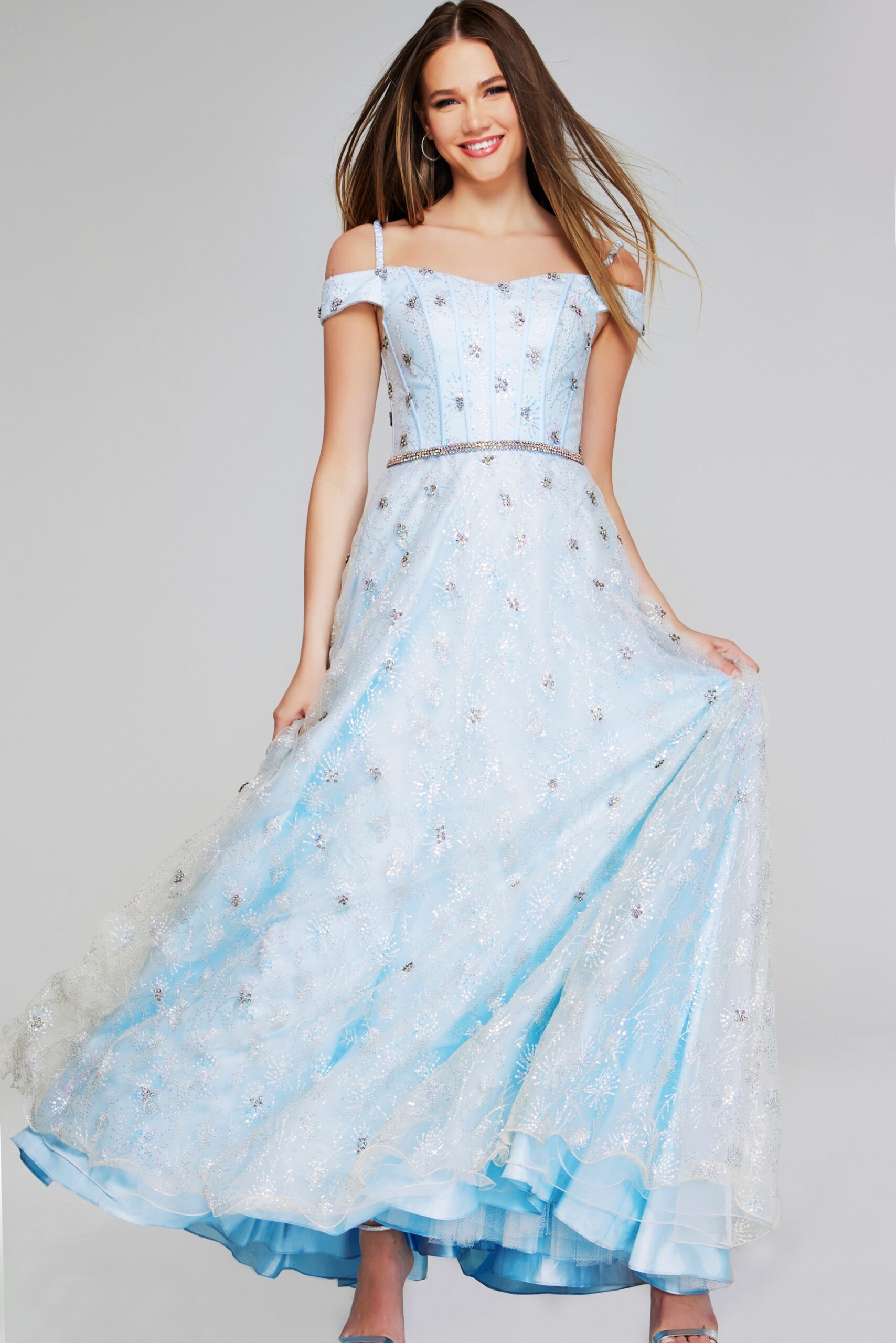 Model wearing Enchanting Light Blue Off-Shoulder Gown K07282