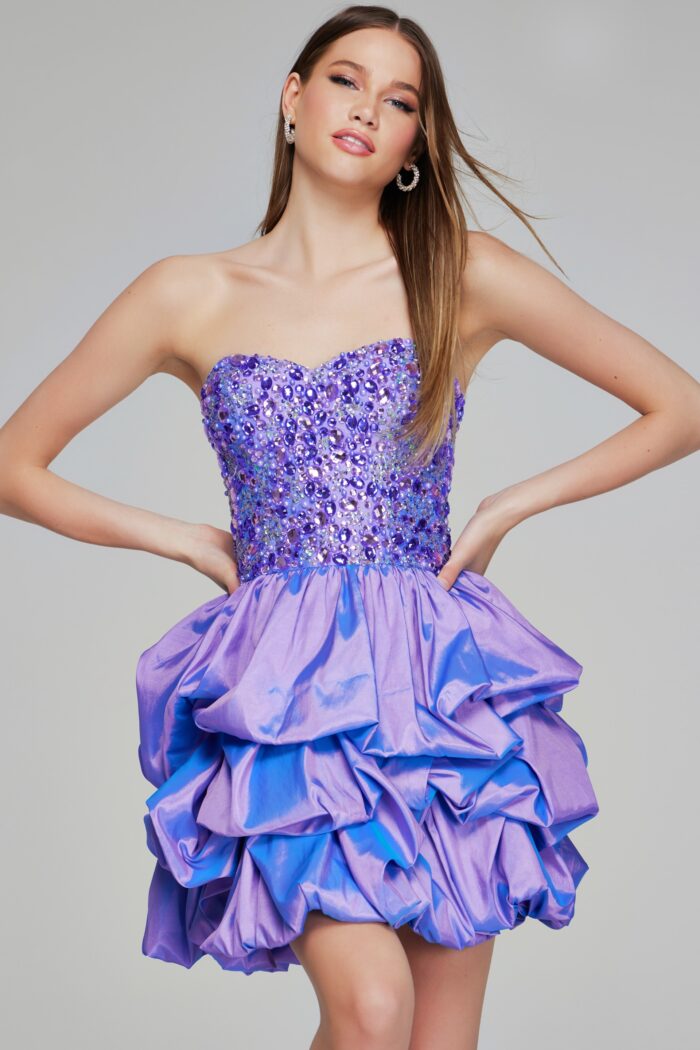Model wearing Lilac Beaded Short Dress K07390