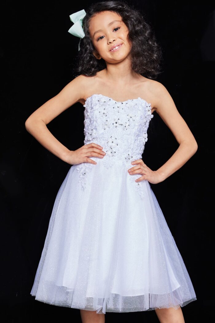 Model wearing Jovani K07817 Lilac Strapless Embroidered Girls Dress