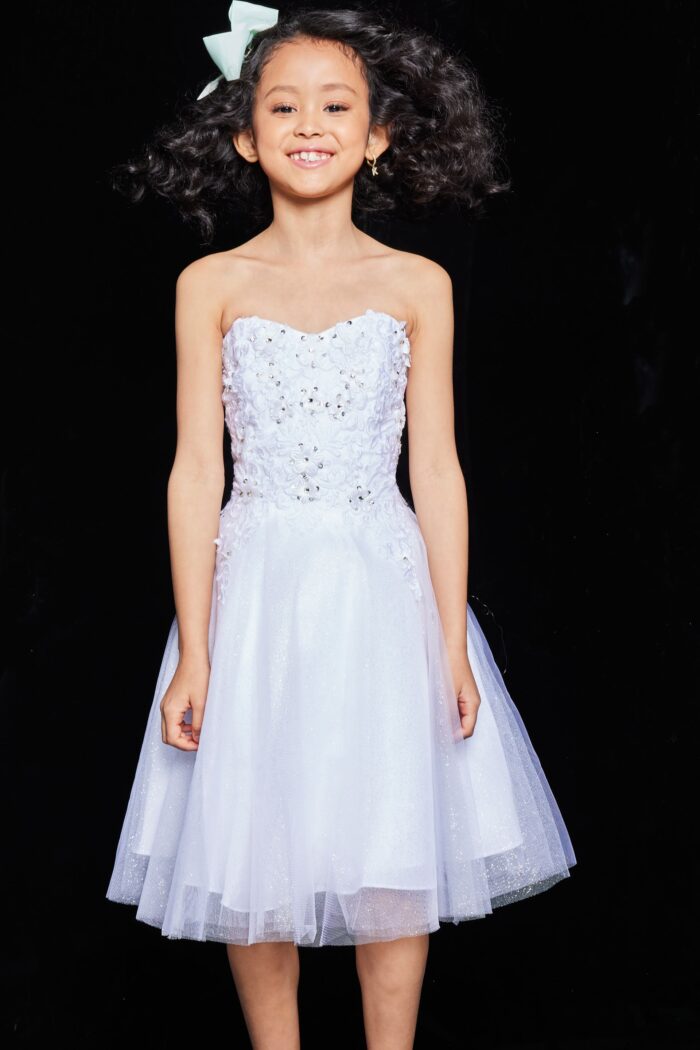 Model wearing Jovani K07817 Lilac Strapless Embroidered Girls Dress