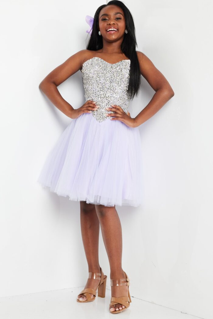 Model wearing Lilac Fit and Flare Tulle Embellished Dress K22231