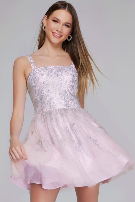 Model wearing K22943 pale pink dress with square neckline and sequin embellishments.