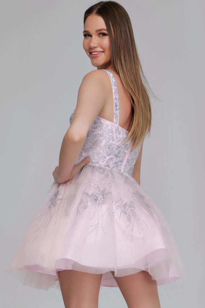 Model wearing Pale Pink Embroidered Tulle Mini Dress K22943