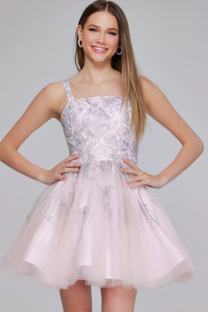 Model wearing Pale Pink Embroidered Tulle Mini Dress K22943