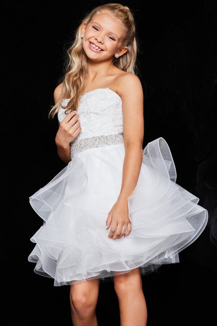 Model wearing White Fit and Flare Embellished Belt Dress K23518