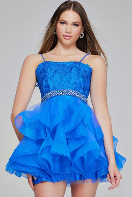 Model wearing Jovani K23518 blue dress with lace bodice and jeweled waist