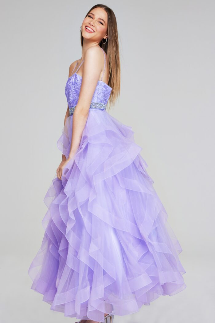 Model wearing Enchanting Lilac Ruffled Ball Gown K23519