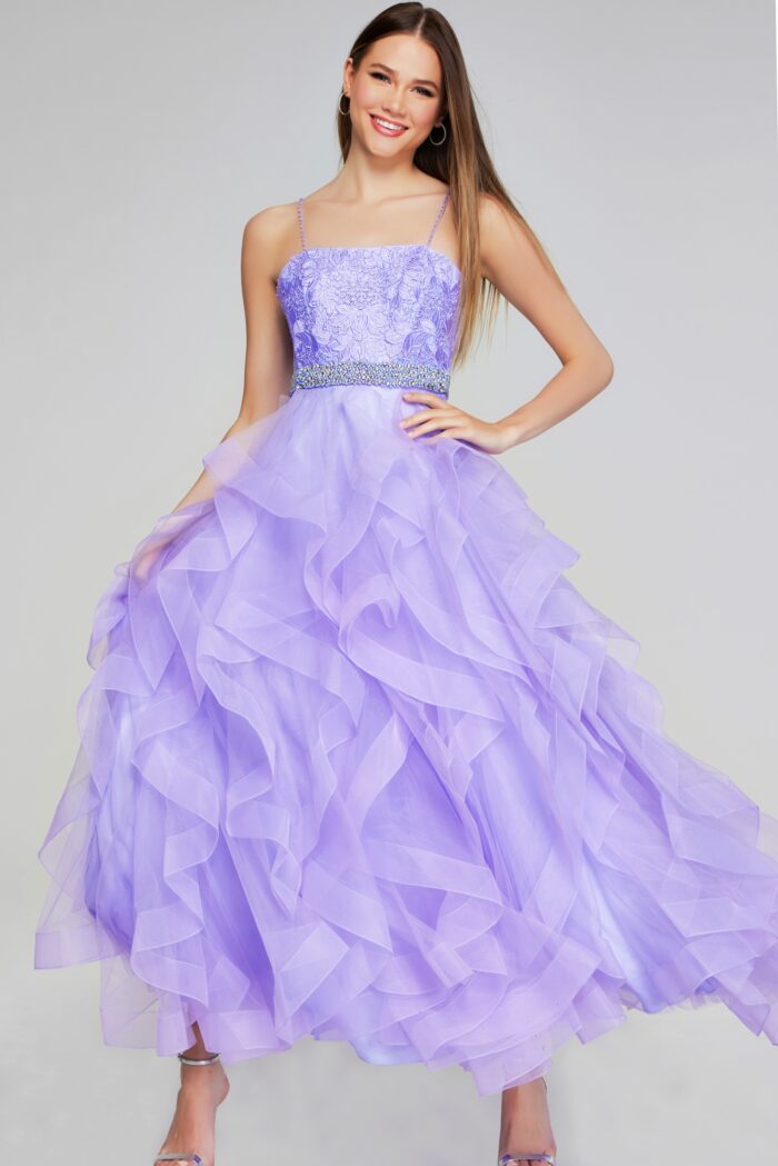 Model wearing Enchanting Lilac Ruffled Ball Gown K23519