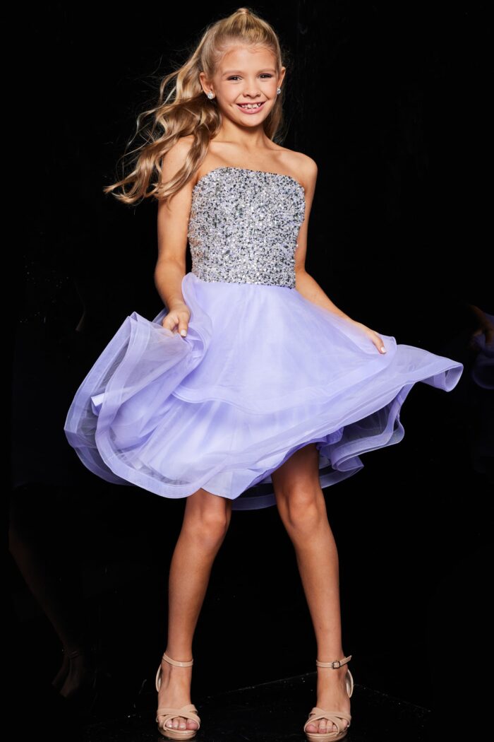 Model wearing Sparkling Lavender Sequin Mini Dress K23666