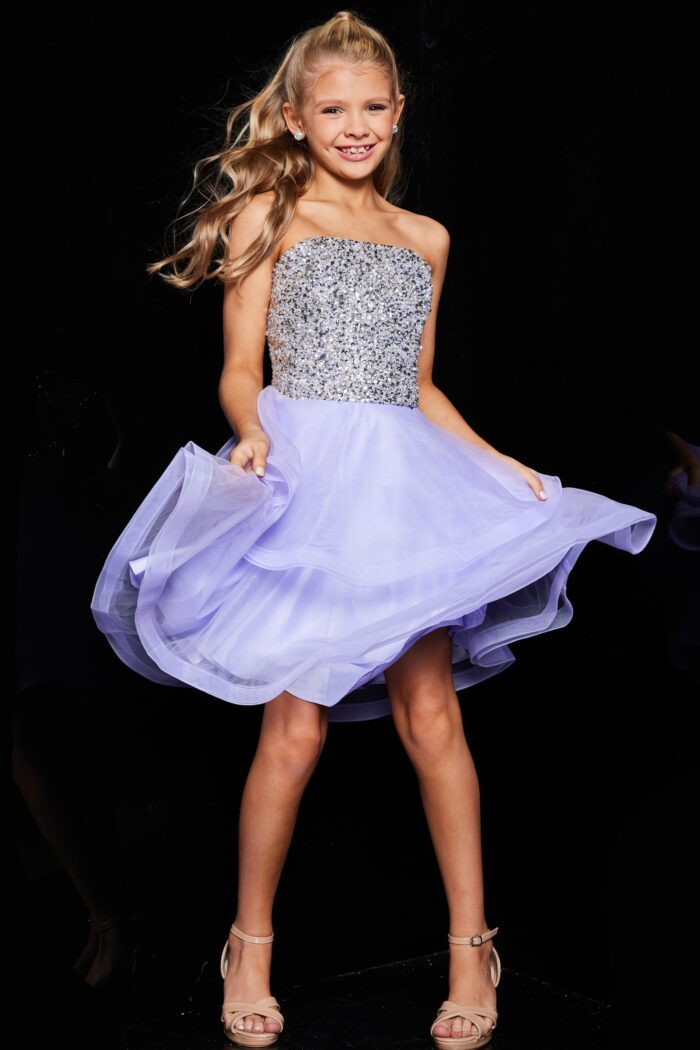 Model wearing Strapless Lavender Fit and Flare Dress K23666
