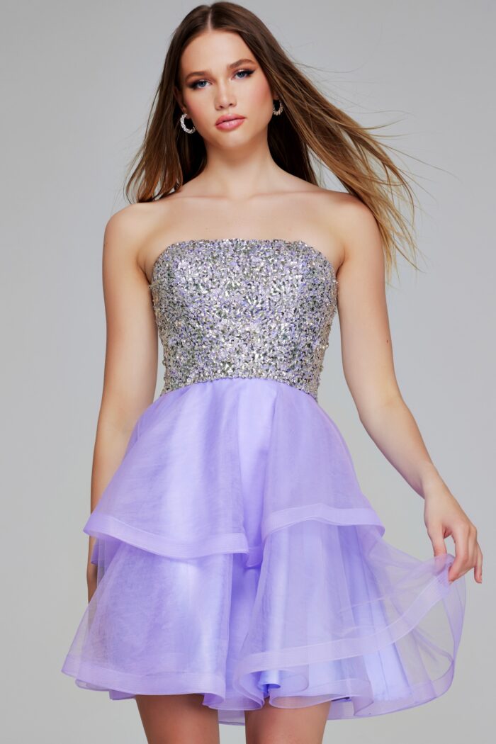 Model wearing Sparkling Lavender Sequin Mini Dress K23666