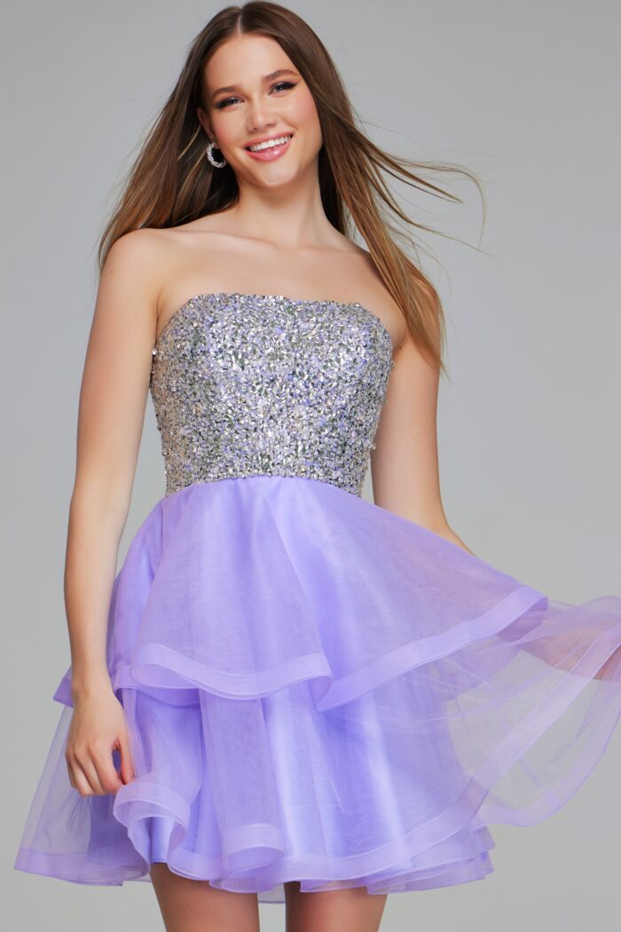 Model wearing Sparkling Lavender Sequin Mini Dress K23666