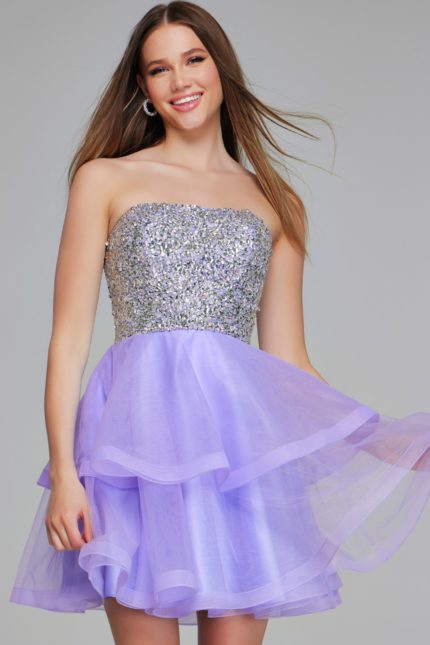 Model wearing Jovani K23666 lilac dress with sequin bodice, front view close-up.