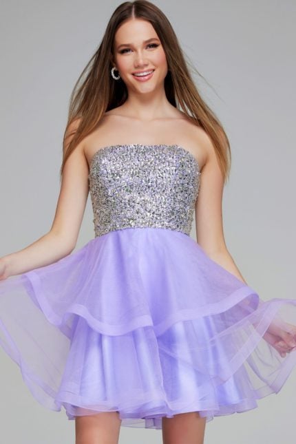 Model wearing Jovani K23666 lilac dress with sequin bodice and tulle skirt, front view.