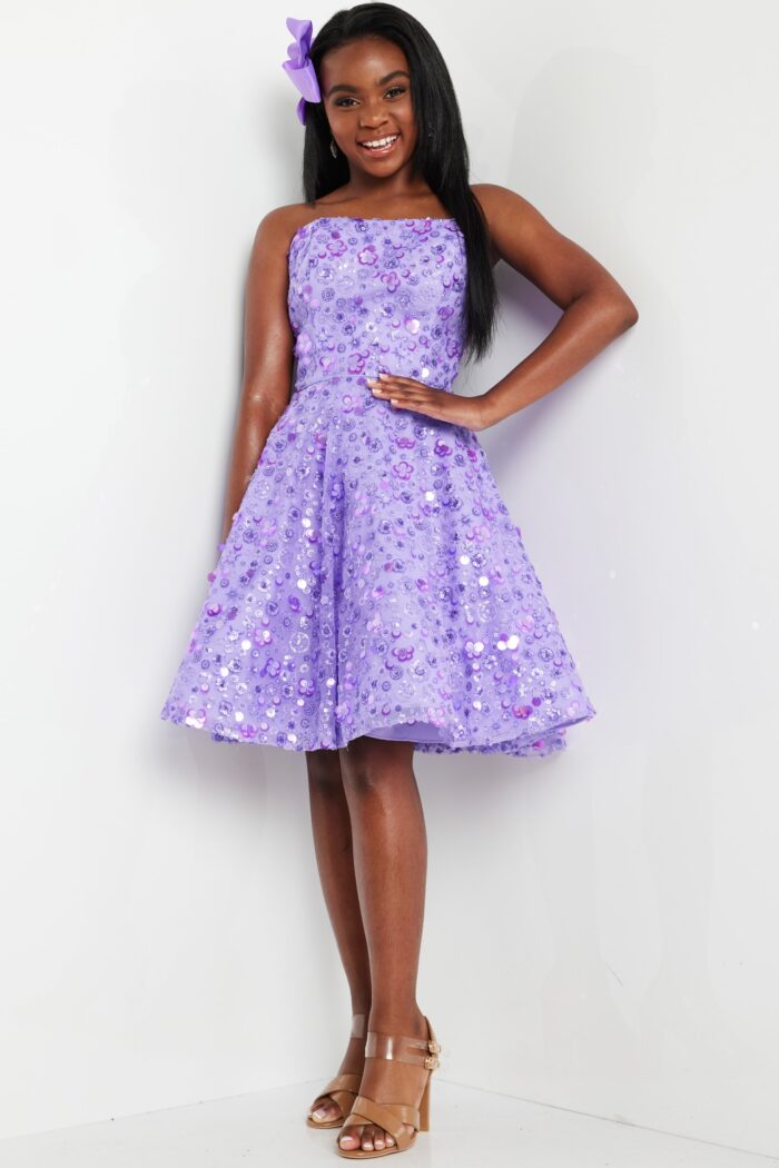 Model wearing Lilac Beaded Fit and Flare Dress K23685