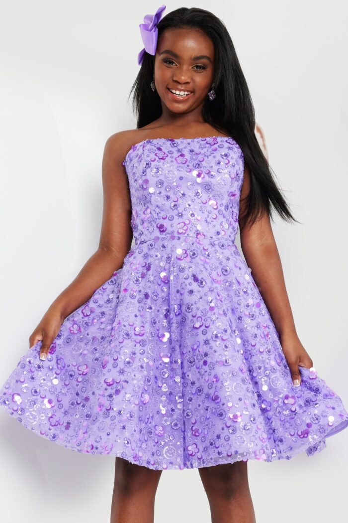 Model wearing Lilac Beaded Fit and Flare Dress K23685