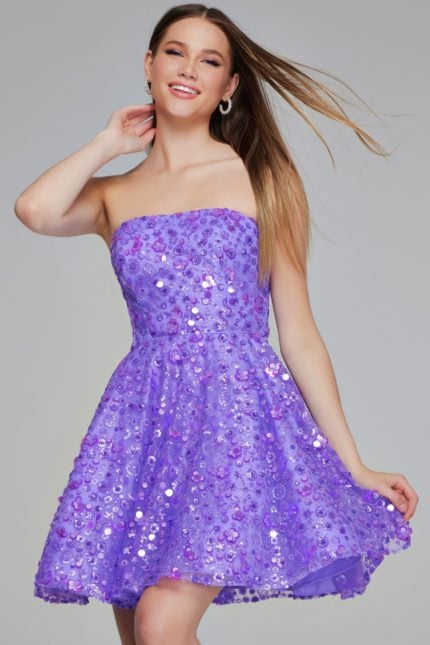 model in lilac K23685 dress showcasing strapless fitted bodice with sequins