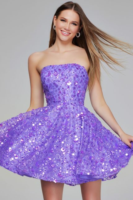 model wearing K23685 lilac dress front view with sequins and floral appliques