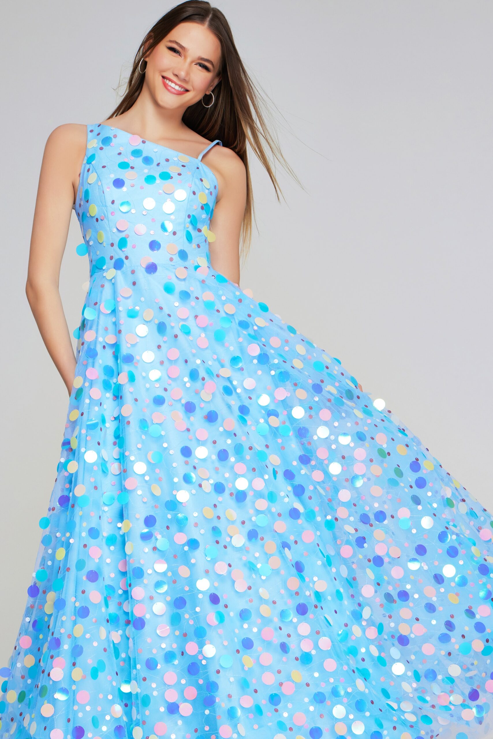 Model wearing Light Blue Polka Dot Tulle Gown K23877