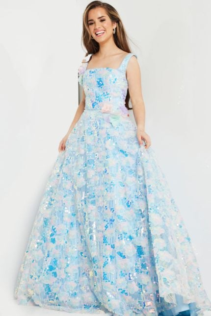 Model wearing K23955 full-length multi-colored A-line gown with sequins and floral details.