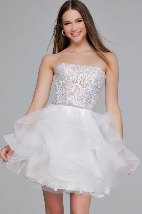 Model wearing Beaded Strapless Short Dress 24371