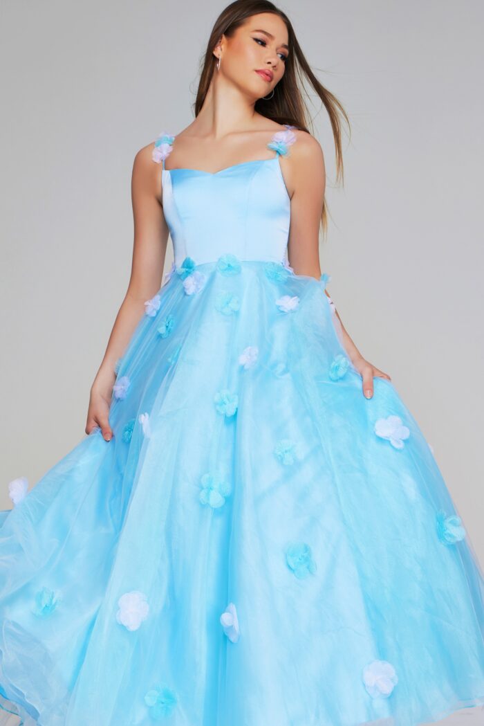 Model wearing Light Blue Floral Appliqué Ball Gown K25988