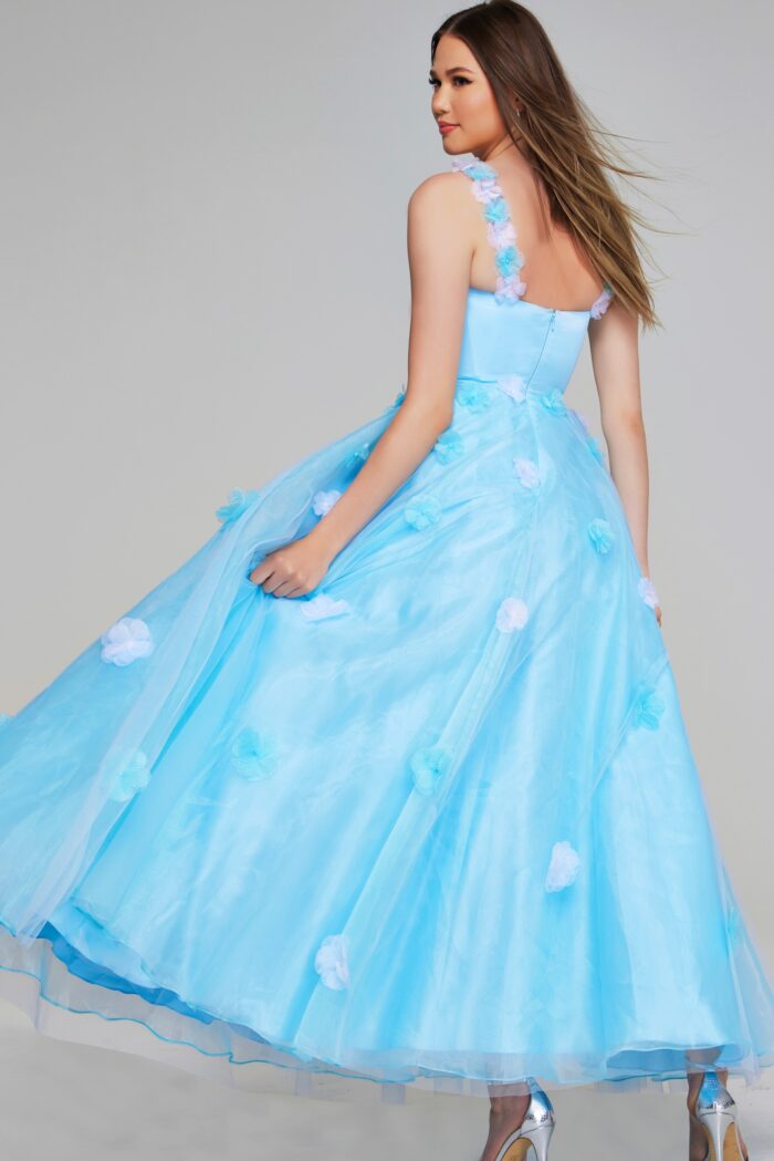 Model wearing Light Blue Floral Appliqué Ball Gown K25988