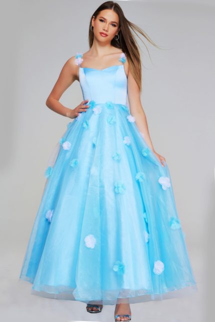 Model wearing Jovani K25988 light blue gown with floral appliques, front view.