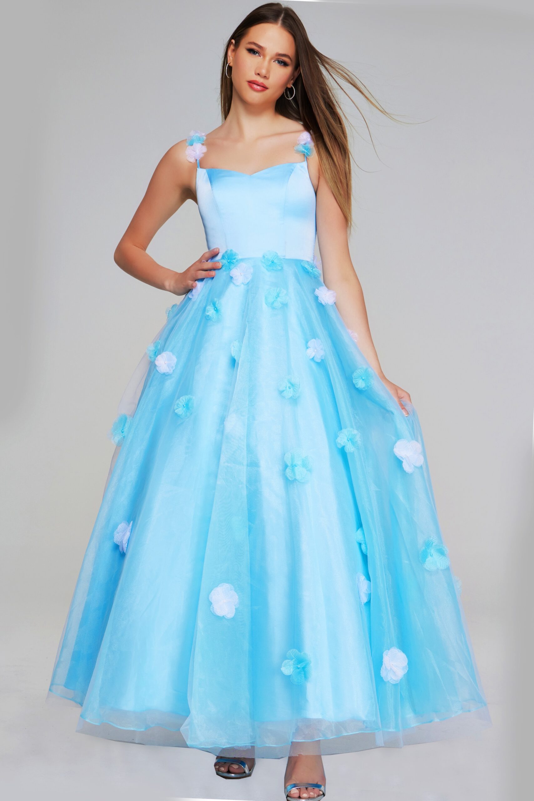 Model wearing Light Blue Floral Appliqué Ball Gown K25988