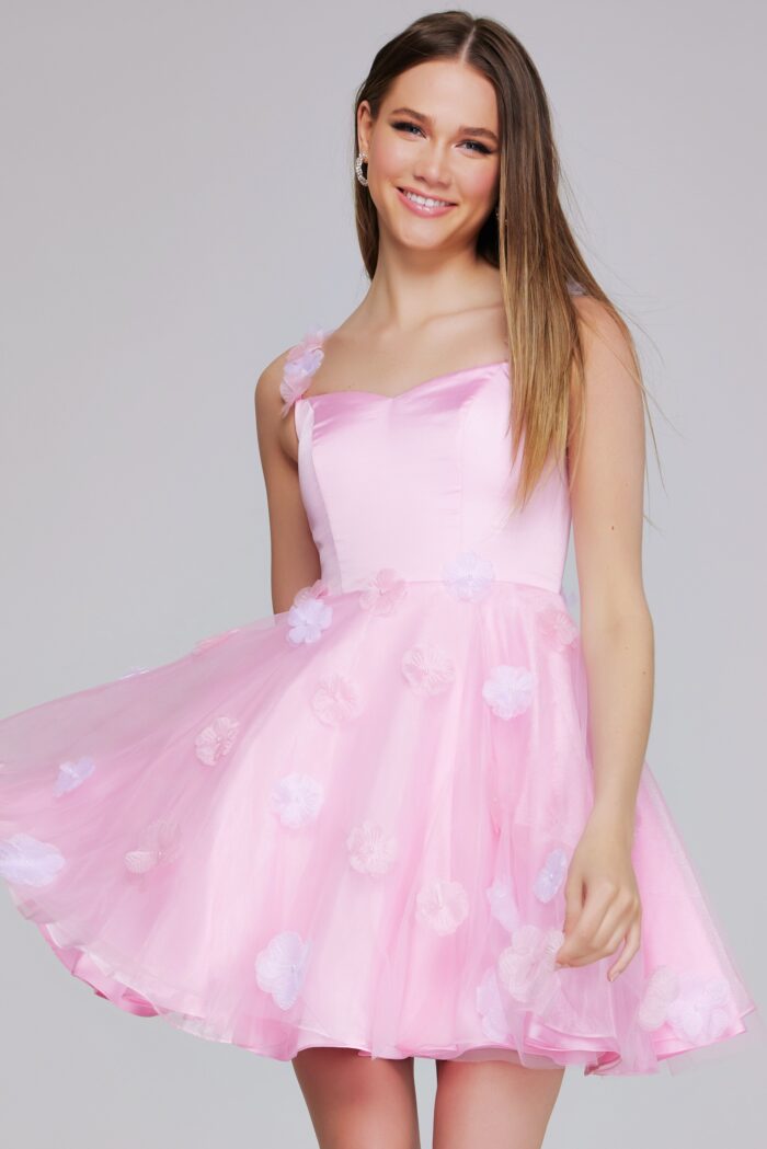 Model wearing Pink Floral Appliqué Short Dress K25989