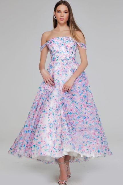 Model wearing Jovani K26292 multi-color off-the-shoulder A-line dress, front view.